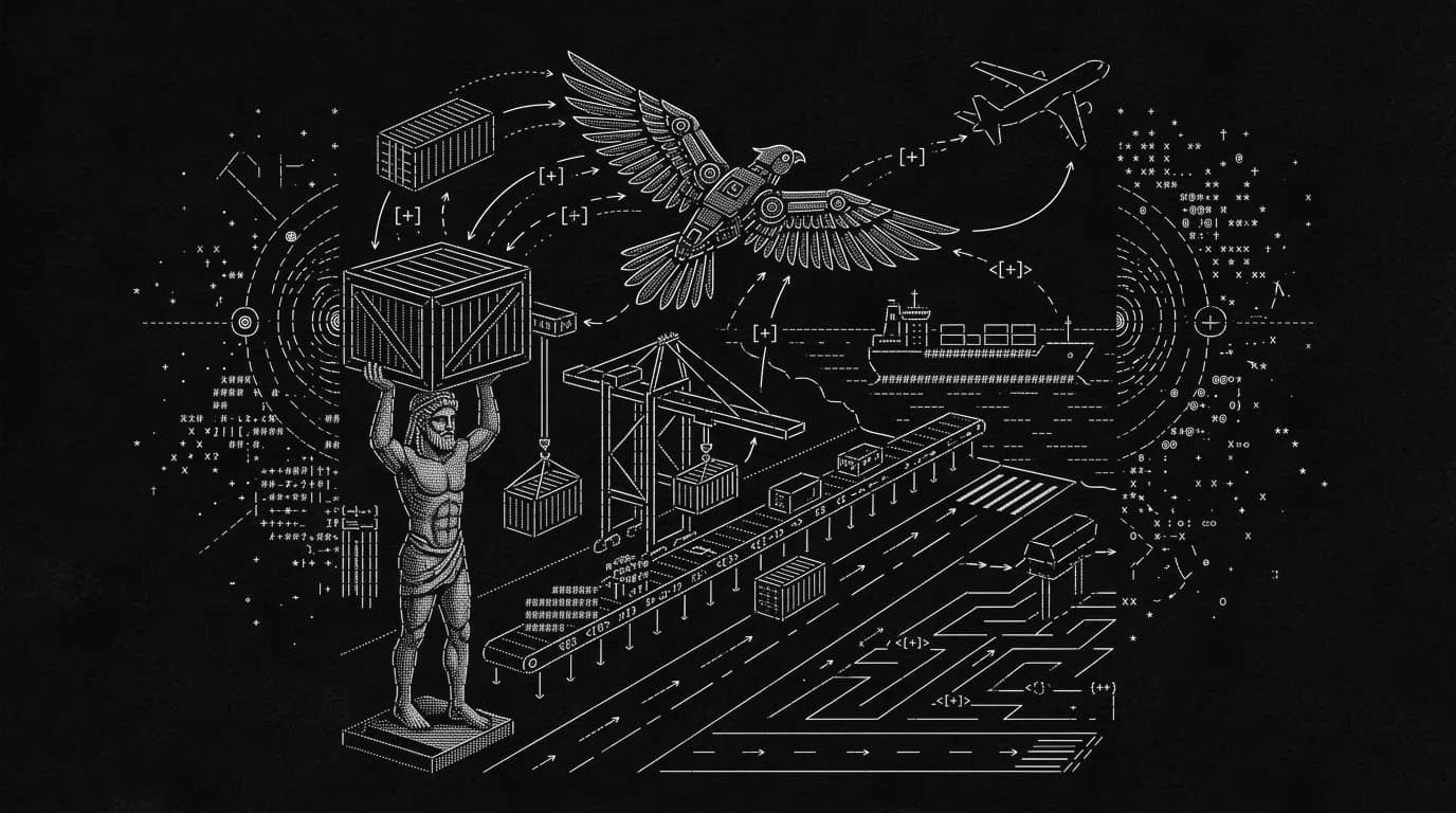 Engraving of logistics with Atlas carrying cargo, a mechanical eagle, a ship, and containers