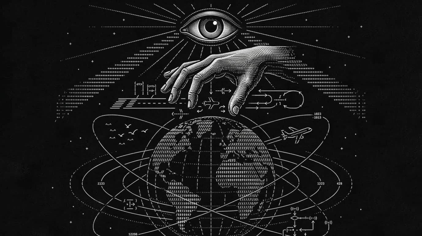 Engraving of a globe with orbits, a hand, and an eye, suggesting operational awareness and coordination