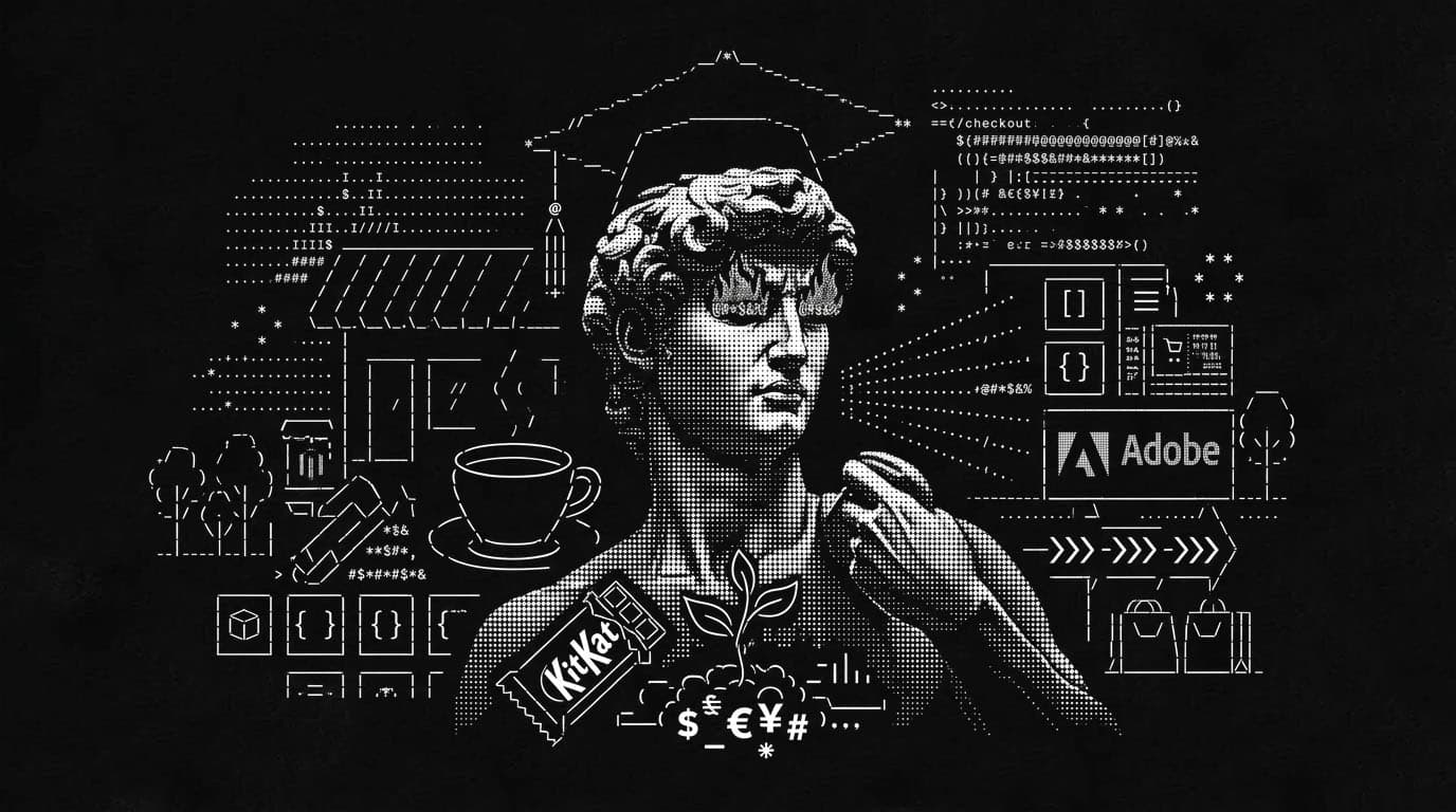 E-commerce engraving with a classical bust, coffee, KitKat, a cart, and checkout symbols