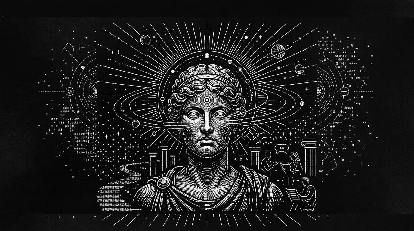 Engraving of a classical bust with orbits, planets, and collaboration scenes around it